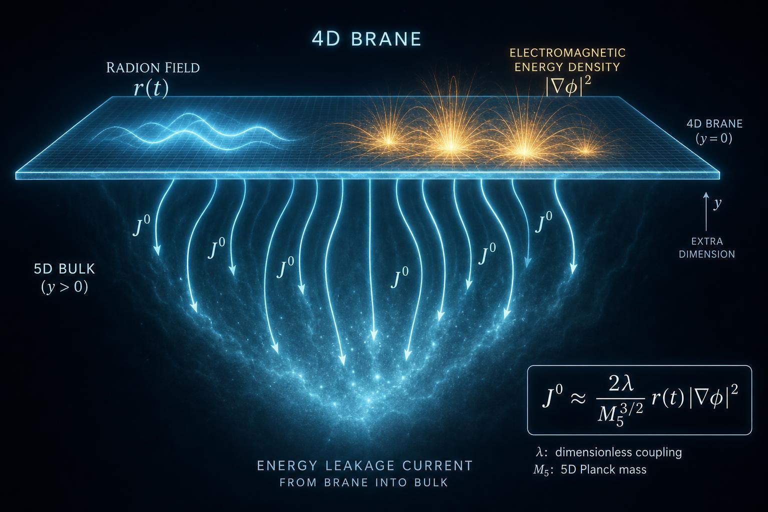 Energy leakage current J⁰ flowing off the brane into the bulk, sourced by r(t)|∇φ|²