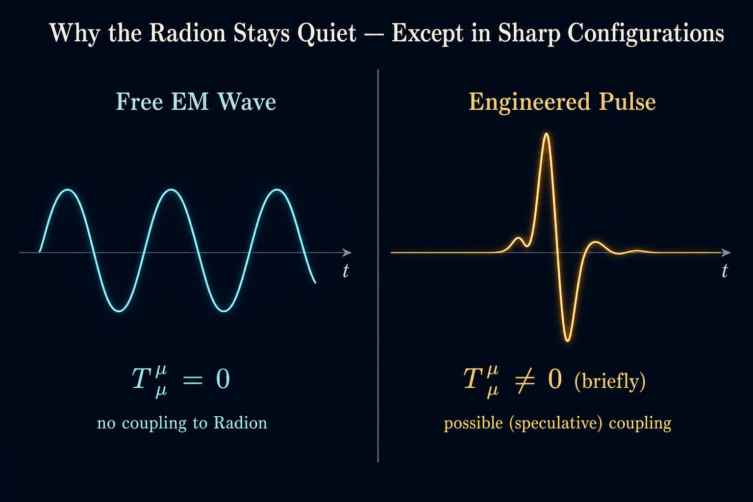 Two-panel waveform diagram contrasting a smooth sinusoidal free EM wave with T^μ_μ = 0 against a sharp asymmetric engineered pulse with T^μ_μ briefly non-zero